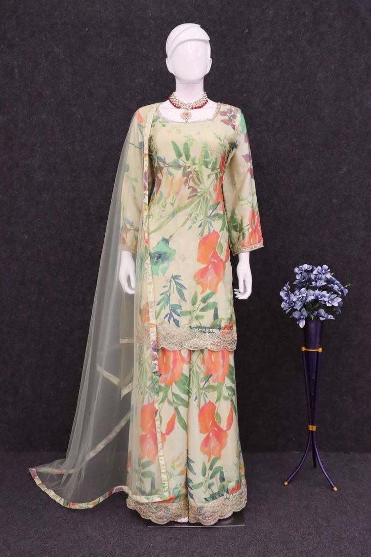 Digital printed chinon silk pakistani suit in pastel