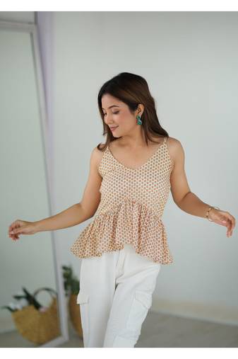 Cotton Beige block peplum top