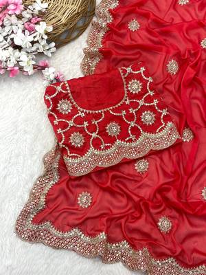Red Colour Beautiful Kasturi Silk Gergette Fabric With Heavy Embroidery Work Saree  1