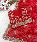 Red Colour Beautiful Kasturi Silk Gergette Fabric With Heavy Embroidery Work Saree 