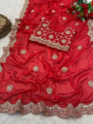 Red Colour Beautiful Kasturi Silk Gergette Fabric With Heavy Embroidery Work Saree  3