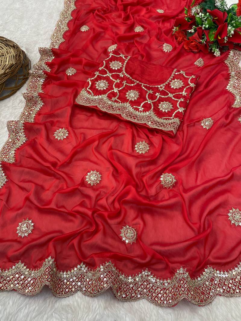 Red Colour Beautiful Kasturi Silk Gergette Fabric With Heavy Embroidery Work Saree 