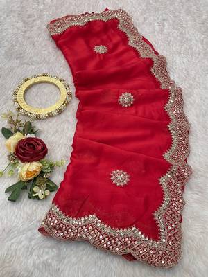 Red Colour Beautiful Kasturi Silk Gergette Fabric With Heavy Embroidery Work Saree  4