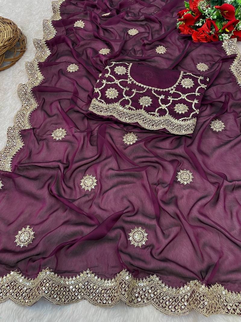 Wine Colour Beautiful Kasturi Silk Georgette Fabric With Heavy Embroidery Work Saree 