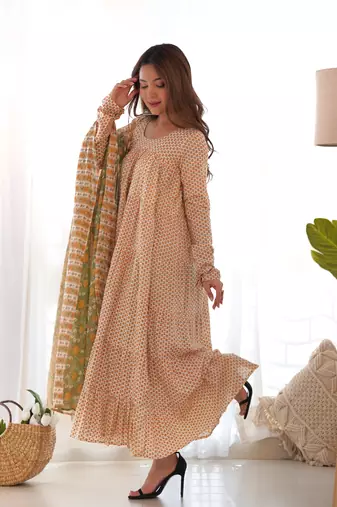 Creamy yellow anarkali kurta with dupatta