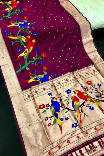 Koram Wine Faux Kanjivaram Pathani And Mina Zari Weaving Designer Saree With Blouse For Women