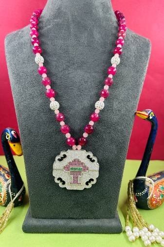 Rodium american diamond pendant with semi preiocus ruby mala