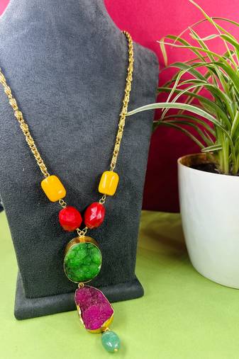 Beaded multicolour stone mala with chain