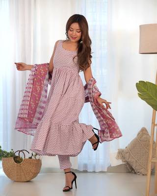 White & lavender anarkali pant set with dupatta 1