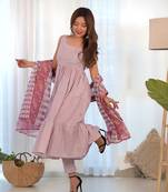 White & lavender anarkali pant set with dupatta