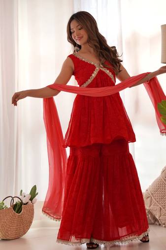 Red bandhani sharara set with dupatta