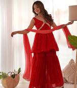 Red bandhani sharara set with dupatta