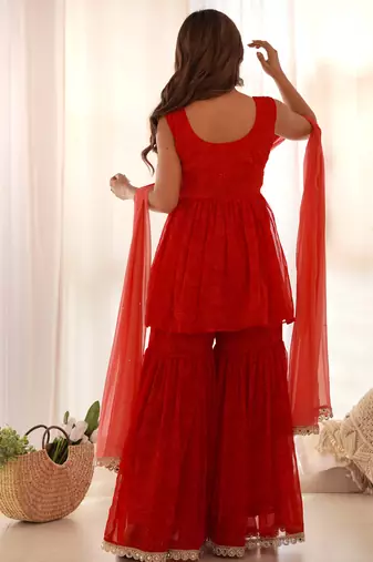 Red bandhani sharara set with dupatta