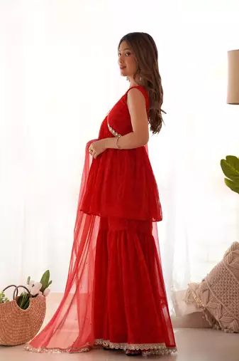 Red bandhani sharara set with dupatta