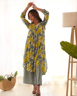 Grey & yellow kurta palazzo set 1