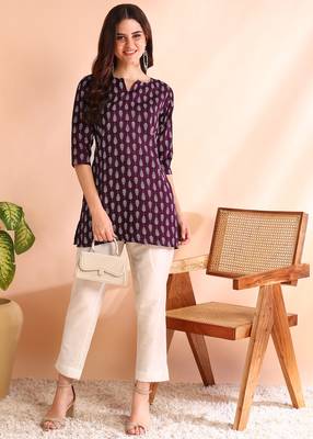 Purple printed poly rayon short kurti for women and girls 1