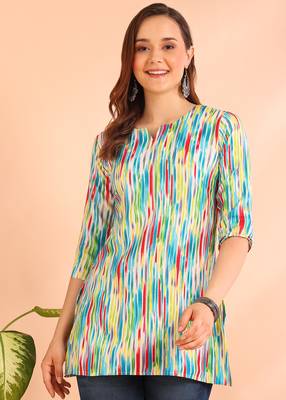 Turquoise printed poly rayon short kurti for women and girls 1