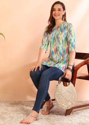 Turquoise printed poly rayon short kurti for women and girls 3