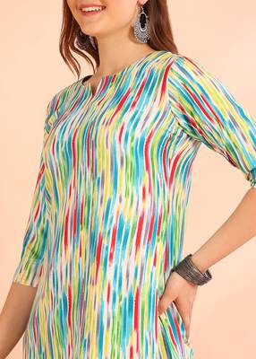 Turquoise printed poly rayon short kurti for women and girls 4