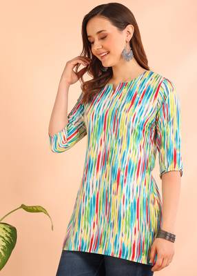 Turquoise printed poly rayon short kurti for women and girls 5