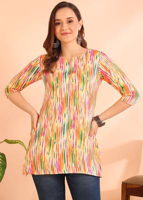 Orange printed poly rayon short kurti for women and girls 1
