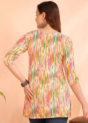 Orange printed poly rayon short kurti for women and girls 2