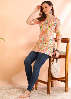 Orange printed poly rayon short kurti for women and girls 3