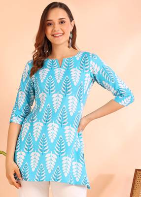 Turquoise printed poly rayon short kurti for women and girls 1
