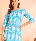 Turquoise printed poly rayon short kurti for women and girls