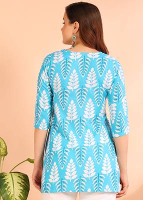 Turquoise printed poly rayon short kurti for women and girls 2