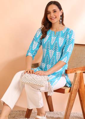 Turquoise printed poly rayon short kurti for women and girls 3