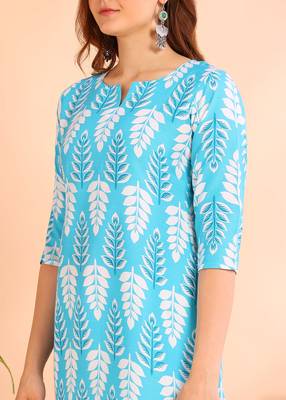 Turquoise printed poly rayon short kurti for women and girls 4