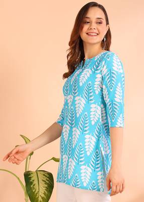 Turquoise printed poly rayon short kurti for women and girls 5