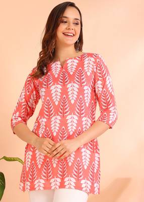 Peach printed poly rayon short kurti for women and girls 1