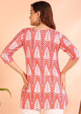 Peach printed poly rayon short kurti for women and girls 2