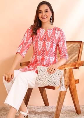 Peach printed poly rayon short kurti for women and girls 3