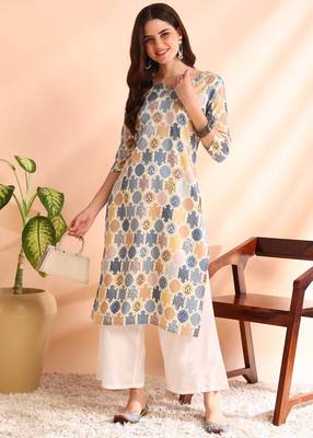 Grey poly rayon foil printed straight kurti 1