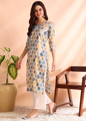 Grey poly rayon foil printed straight kurti 3