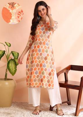 Orange poly rayon foil printed straight kurti 1