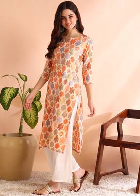 Orange poly rayon foil printed straight kurti 3