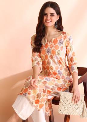 Orange poly rayon foil printed straight kurti 4