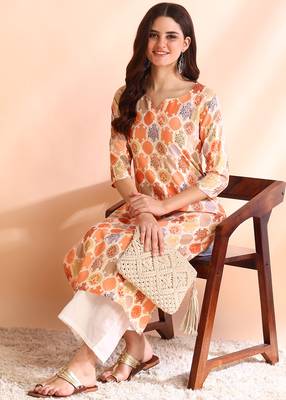 Orange poly rayon foil printed straight kurti 5