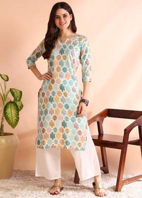 Turquoise poly rayon foil printed straight kurti 1