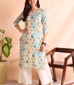 Turquoise poly rayon foil printed straight kurti