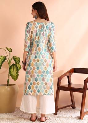 Turquoise poly rayon foil printed straight kurti 2