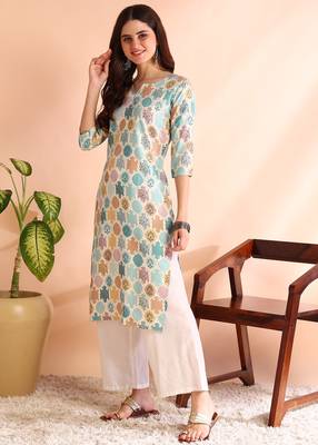Turquoise poly rayon foil printed straight kurti 3