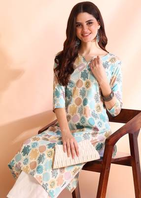 Turquoise poly rayon foil printed straight kurti 4