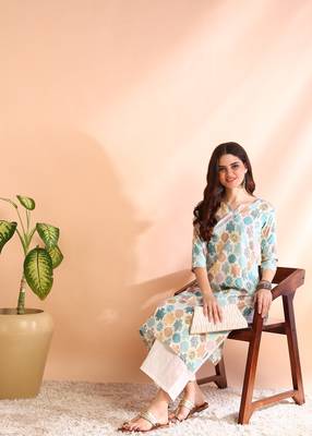 Turquoise poly rayon foil printed straight kurti 5