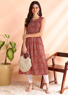 Red poly rayon floral print naira cut kurti 1