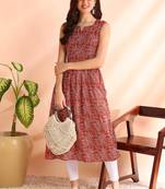 Red poly rayon floral print naira cut kurti